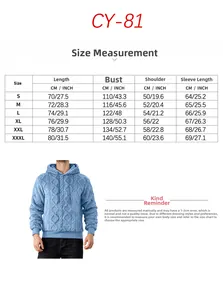 Size chart for men's fleece hoodie in inches and cm with detailed body measurements