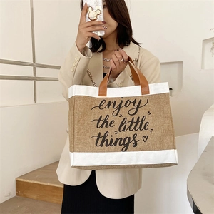 Borsa tote in lino con stampa 'enjoy the little things' e dettagli in tela bianca
