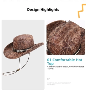 Detail of vintage brown suede cowboy hat with cracked texture and decorative metallic buckle