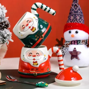 3D Santa Claus ceramic mugs set with candy cane handles and Christmas hat lids