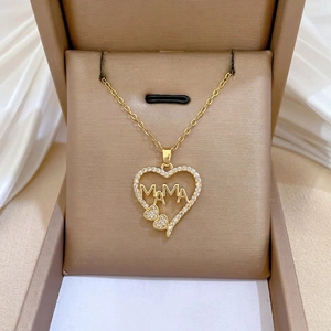 Heart Necklace MAMA Letter Pendant Stainless Steel Chain Copper Zirconia Inlaid Gold Plated Mother Gift Elegant