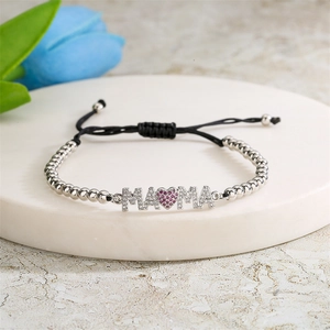 Bracelet à la Mode Européenne et Américaine en Cuivre Zirconia Corde de Cire Réglable pour Femmes Coeur Croix Lettre MAMA Pendentif Bijoux