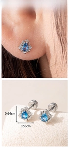 Detailed view of silver water drop blue zircon stud earrings with size annotations