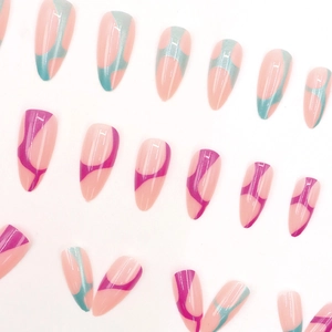 Aurora almond press-on nails in rose purple and lake green with abstract wave patterns