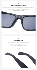 Detail of integrated nose pads and anti-skid wavy temple arms on black sunglasses