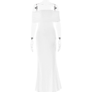 Detail of elegant white tube long dress with smooth fabric and pleated neckline
