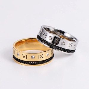 Polished Roman numeral ring set with chain inlay and crystal in gold and silver finish