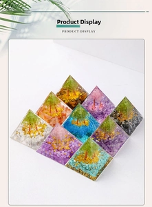 Detailed grid of nine colorful resin crystal pyramids with Tree of Life and gold leaf