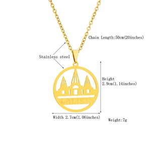 Detailed view of the gold stainless steel Lalish temple pendant with size measurements