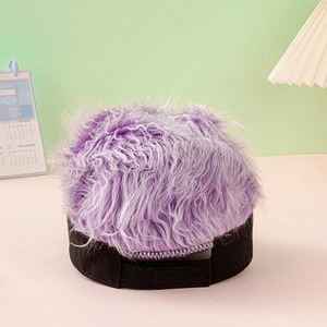 Detail view of purple fuzzy wig baseball cap showing plush texture and adjustable back