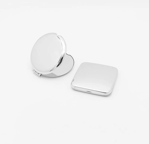 Polished silver stainless steel portable mirrors in round open and square closed shapes