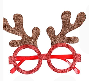 Close-up of glittery red Christmas reindeer glasses frames with sparkling brown antlers