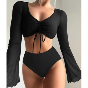 Two-piece black swimsuit with long sleeve drawstring top and high-waisted bottoms