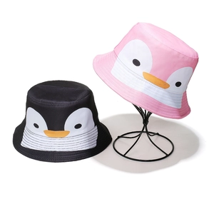 Cute penguin bucket hat for kids in black and pink cotton with flat and 3D display