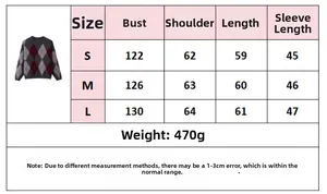 Size chart for oversized diamond knit sweater showing chest and sleeve measurements