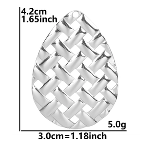 Detail view of silver braided teardrop earring with 4.2cm height and 3.0cm width dimensions
