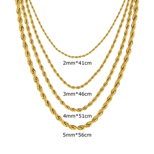 Detailed size comparison of four gold twisted rope necklaces in 2mm to 5mm widths