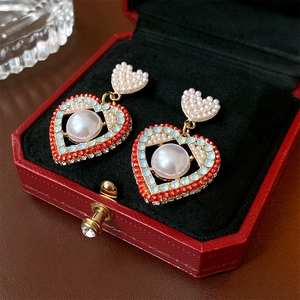 Boucles Oreilles Pendantes Cœur Künstliche Perle Alliage Strass Élégant Rétro Français Bijoux Femmes Avec Tige Argent