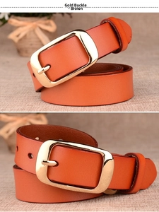 Detail view of brown genuine leather belt featuring a classic polished gold square buckle