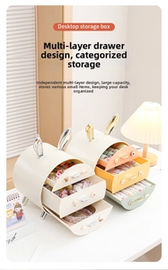 Three-layer rabbit drawer organizer for stationery and cosmetics in cozy desk setting