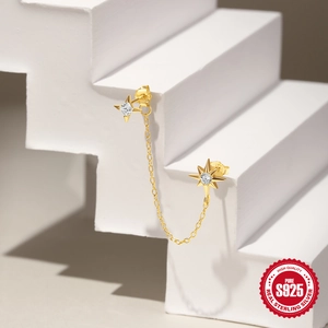 S925 sterling silver gold plated chain stud earrings with marquise star and crystals