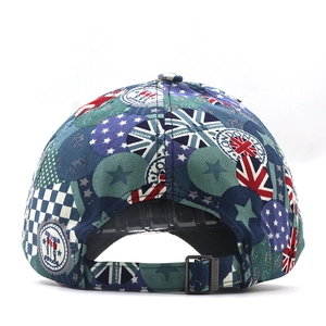 Detail of multi-color graffiti baseball cap with Union Jack print and adjustable buckle