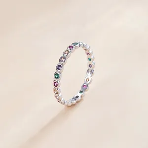 Elegant S925 sterling silver rainbow ring with colorful zircon stones in a minimalist style