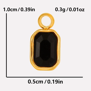 Detailed view of a small black rectangular glass stone pendant with gold steel frame