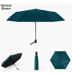 Detail views of spruce green automatic folding umbrella with sun protection coating