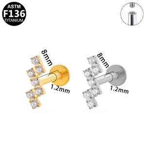 ASTM F136 titanium labret studs with rectangular zircons in gold and silver finish