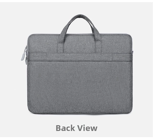 Rückansicht der grauen Laptoptasche mit Kofferband und Doppelreißverschluss