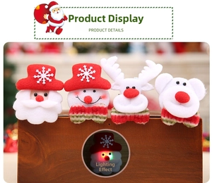 Close-up of plush Christmas pins showing glowing LED light effects in festive characters