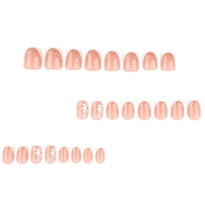 French white tip press-on nails with floral art and gold accents on nude base