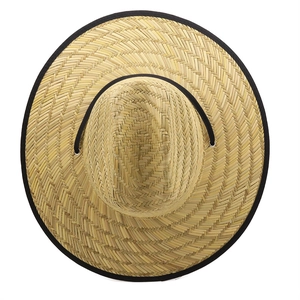 Top view of handwoven straw sun hat with wide brim, black edging, and adjustable wind cord