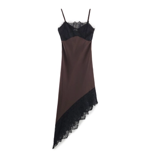 Sexy V Neck Cami Maxi Dress Asymmetric Lace Patchwork Satin Spaghetti Strap Evening Party Slip Dress For Women