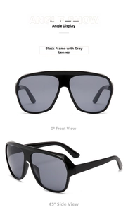 Front and 45-degree angle views of stylish black oversized pilot sunglasses with grey lenses