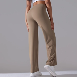 Detail shot of the back view showing camel high-waisted wide-leg yoga pants for women