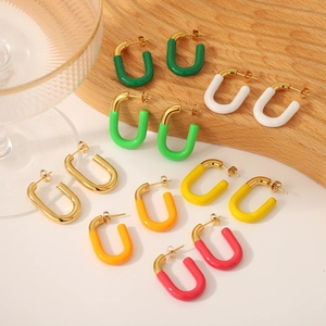 U Shaped Hoop Earrings 18K Gold Plated Stainless Steel Bicolor Enamel Geometric Minimalist Jewelry For Women