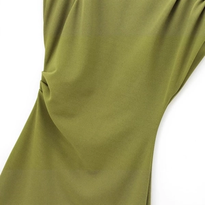 Olive green mock neck dress with padded shoulders and pleated waist detailing