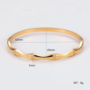 Gold stainless steel bamboo bracelet with diamonds and size dimensions measurement