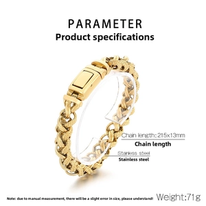Detail of 13mm gold stainless steel dragon bone chain bracelet with size parameters