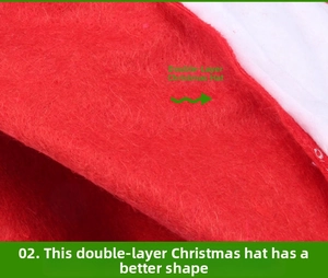 Detail view of double-layered thickened red plush Christmas hat with white fur trim
