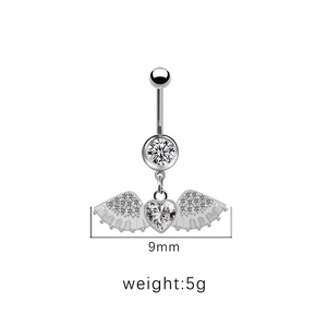 Detail view showing heart-shaped zircon belly ring with 9mm wings and 5g weight specification