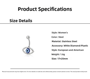 Detailed view of evil eye belly button ring with dimensions 17x25mm and white crystals