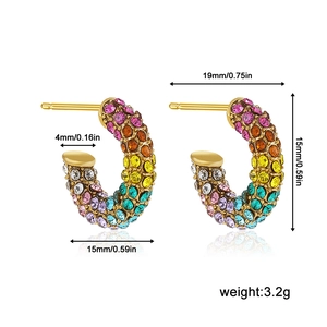 Detailed size chart showing dimensions and 3.2g weight for rainbow hoop earrings