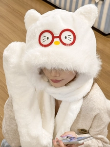 Close-up of soft plush bear ear hooded scarf with cute glasses embroidery and soft texture
