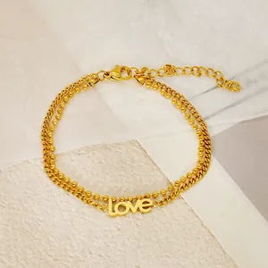 Double Layered Bracelet 18K Gold Plated Stainless Steel Love Letter Pendant Bead Chain Adjustable Jewelry For Women