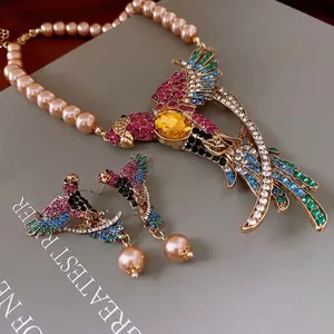 Vintage Parrot Pendant Necklace And Earrings Colorful Rhinestone Imitation Artificial Pearl Alloy With Silver Earring Post
