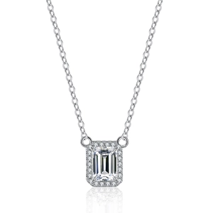 925 Sterling Silver Moissanite Pendant Necklace Emerald Cut Rectangle Halo Elegant Jewelry For Women