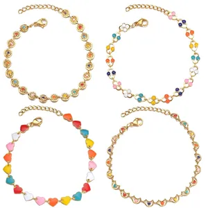 Stainless Steel Bracelet For Women Vintage Gold Plated Colorful Enamel Heart Moon Round Charms Adjustable Jewelry Gift
